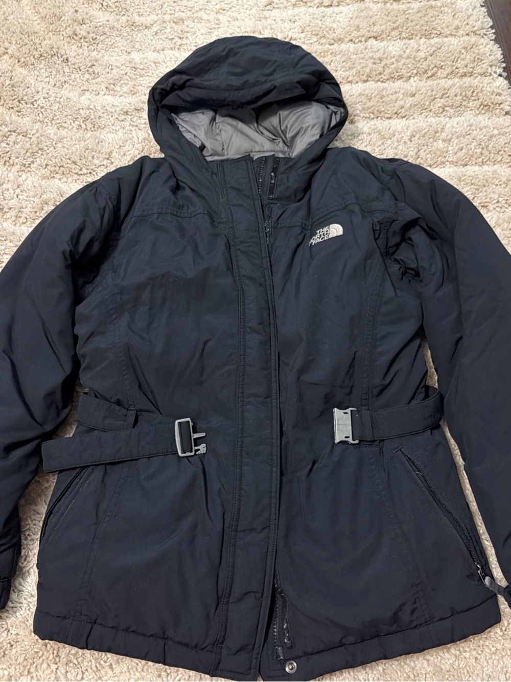The North Face Women’s Black Hooded Ski Jacket with Belted Waist